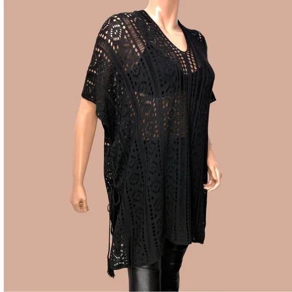 90s Black Open Knit Lace Crochet Tunic M/ L Side Cinch Y2K Dark Fairy WimsiGoth - Picture 10 of 11